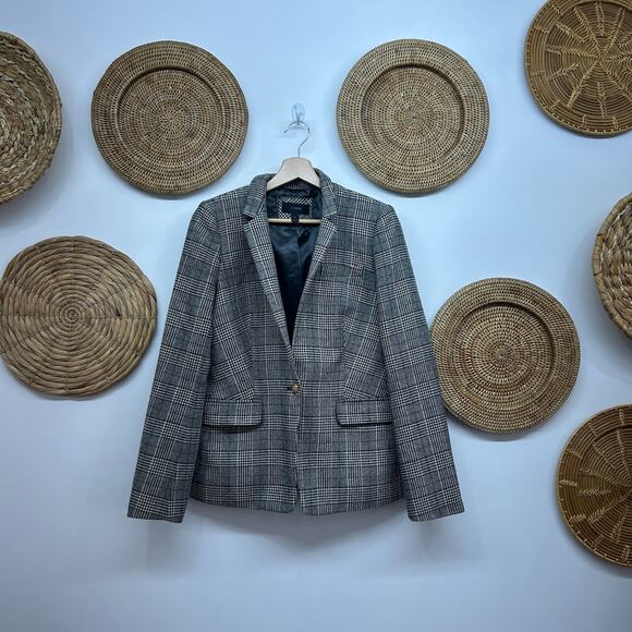 J. Crew Black White Preppy Houndstooth Wool Blend Lapel Blazer Jacket Business 8 - Picture 1 of 7